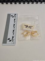 Earrings in zip bag beside metric scale showing size and lever backs