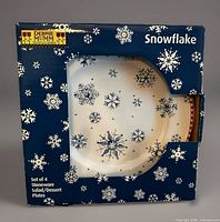 Front view of boxed set showing Snowflake plate design through window