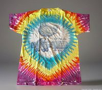 Front view of tie-dye T-shirt showing graphics and colors