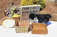 Full lot showing all baskets, metal sheep and wall sign