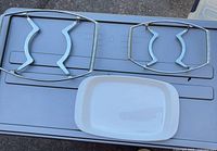 Overview of both chrome stands and white dish