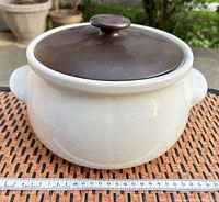 Front view showing casserole with lid and ruler for scale