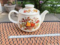 Side view of teapot showing fruit pattern, handle, spout and ruler for scale