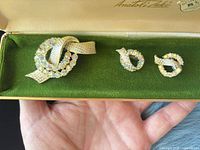 Set inside display box showing brooch and earrings layout
