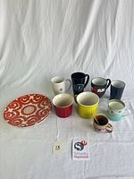 Group shot showing plate, mugs, bowls and cups