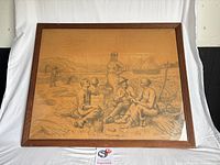 Front view of framed charcoal drawing showing subject matter and frame