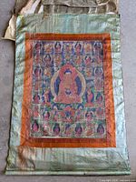 Full view of painted thangka showing design, border and wear