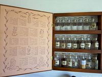 Cabinet open showing interior spice chart and three shelves with jars