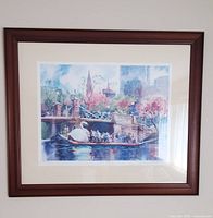 Full frontal view of framed Swan Boats watercolor print