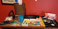 overview of all desk supplies on tabletop