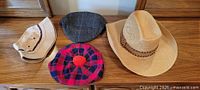 All four hats arranged on wood surface