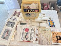 Overall lot with plastic file box, numerous patterns and book displayed