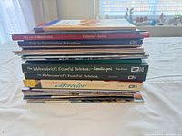 Stacked view of the majority of books showing spines and thickness