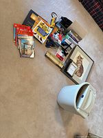 Overview of lot on carpet showing books, framed cat print, empty frames, office supplies in tray, Royal shredder