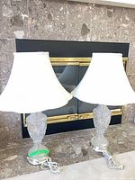 Full view of both crystal table lamps with shades and cords