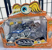 Front of boxed Von Dutch Dragnut diecast motorcycle