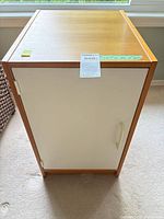 Front view of cabinet closed showing wood veneer top, white door, handle