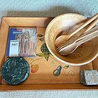 Overview of tray, bowl, utensils, marble coaster, packaged forks, stone coasters