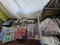 Overview of lot showing vinyl LPs, CDs, comic, single sleeve, picks and memorabilia