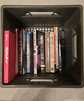 Top view of milk crate showing books spine titles