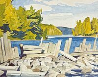 Close detail of mid-section of lithograph showing dam timbers, water and trees