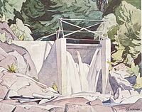 Close-up of lithograph image area showing dam scene