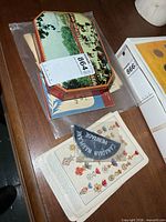 Closed tin, booklets, patch and ephemera visible