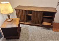 stereo console with speaker cabinet, drawer open