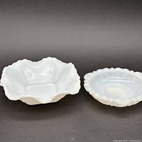 Round and square white milk glass bowls side by side
