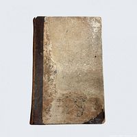 Front cover showing quarter leather spine and worn paper boards