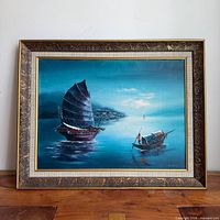 Full framed painting showing vessels, frame detail and signature