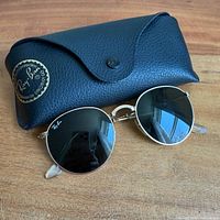 Sunglasses with case showing branding and overall appearance
