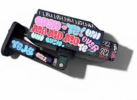 Angled view showing graffiti-covered camera body and mounting arm