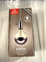 Front of retail box showing Globe Edison plug-in pendant light