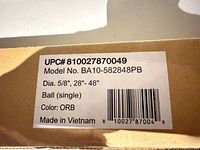 Box label showing model BA10-582848PB, UPC 810027870049, dimensions and finish