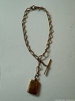 Full view of 14K gold pocket watch chain and attached locket