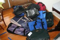 Overview of the assorted bags showing colors, sizes, and types including totes, duffels, and soft-sided luggage.