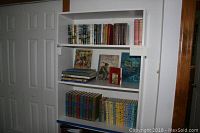 Full view of the white bookshelf containing the assorted books including series and standalone titles.