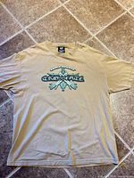 Full front view of T-shirt laid flat showing color and graphic