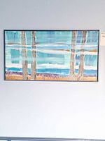 Full view of framed acrylic abstract landscape painting on wall