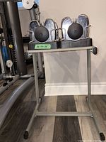 Pair of dumbbells resting on metal stand