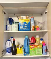 Cabinet with two shelves of assorted laundry detergents, softeners, bleach, pods, air freshener, wipes, brush