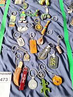 Full spread of approximately twenty souvenir and novelty keychains on cloth background
