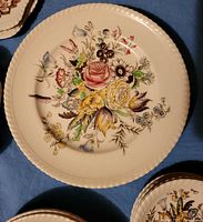 Close-up of dinner plate showing Garden Bouquet pattern and rope edge