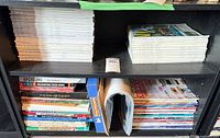 Stacks of magazines on black shelving, multiple titles and sizes visible