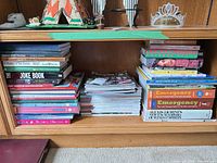 Full shelf view showing multiple stacks of books and magazines