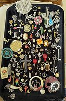 Full tray view showing entire assortment of pendants, charms and keys
