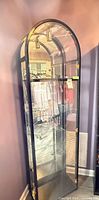 Full view of arched top metal and glass curio cabinet