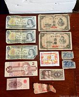 Overview of all banknotes laid out on wooden surface