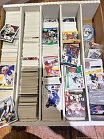 Top view of four-row card storage box filled with hockey trading cards